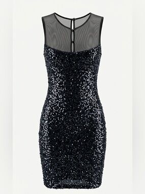 TATU Black Sequin Mesh Yoke Cocktail Mini Dress - Made in Turkey - Size 2